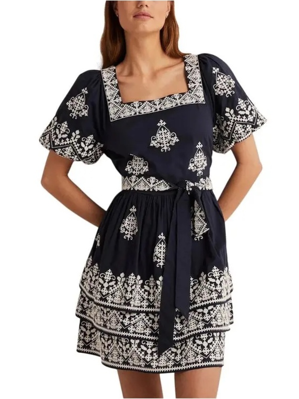 Boden NWT Square Neck Rara Embroidered Navy Mini Dress Size 10